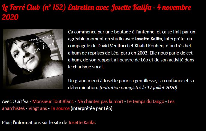 04/11/2020 LE FERRE CLUB entretien avec Josette Kalifa