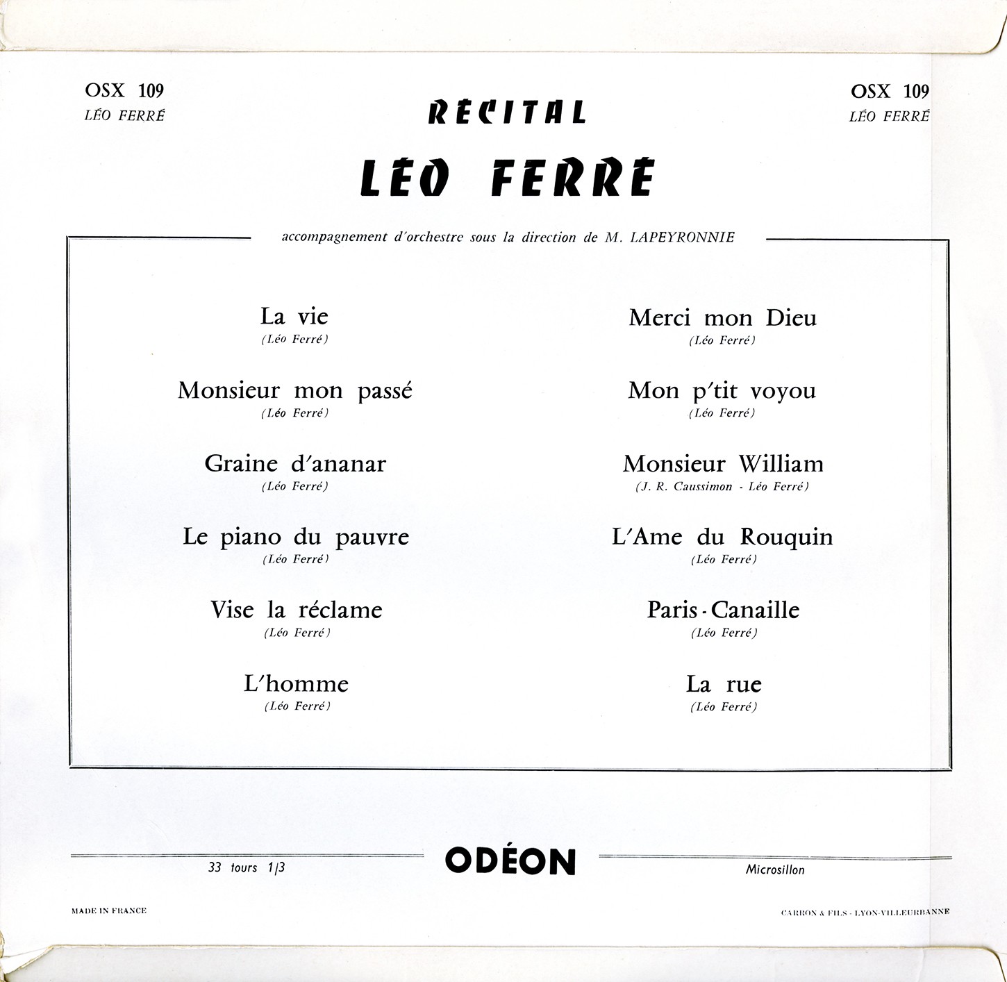 1954-Album Récital Léo Ferré à L'Olympia - Odéon OSX 109