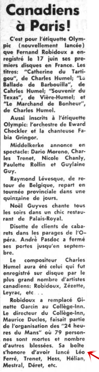 Léo Ferré - Radiomonde et télémonde, samedi 25 juin 1955