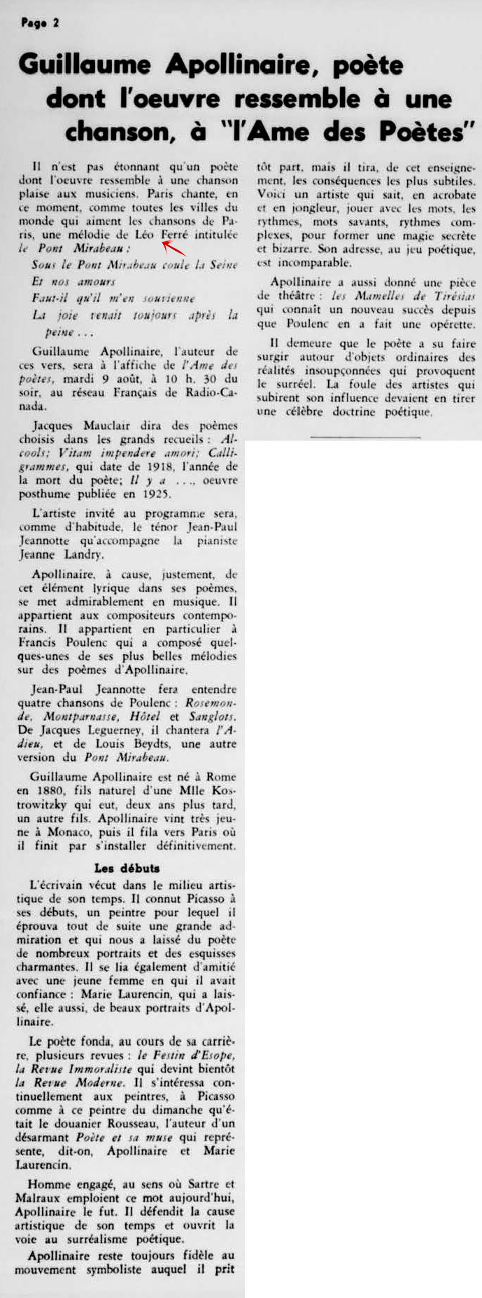 Léo Ferré - La semaine à Radio-Canada, dimanche 7 août 1955