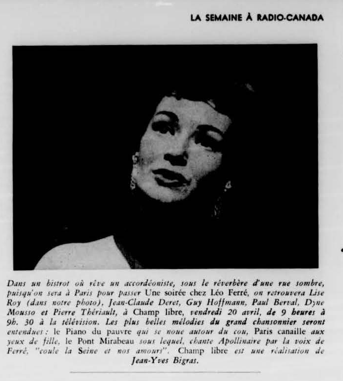 Léo Ferré - La semaine à Radio-Canada, samedi 14 avril 1956