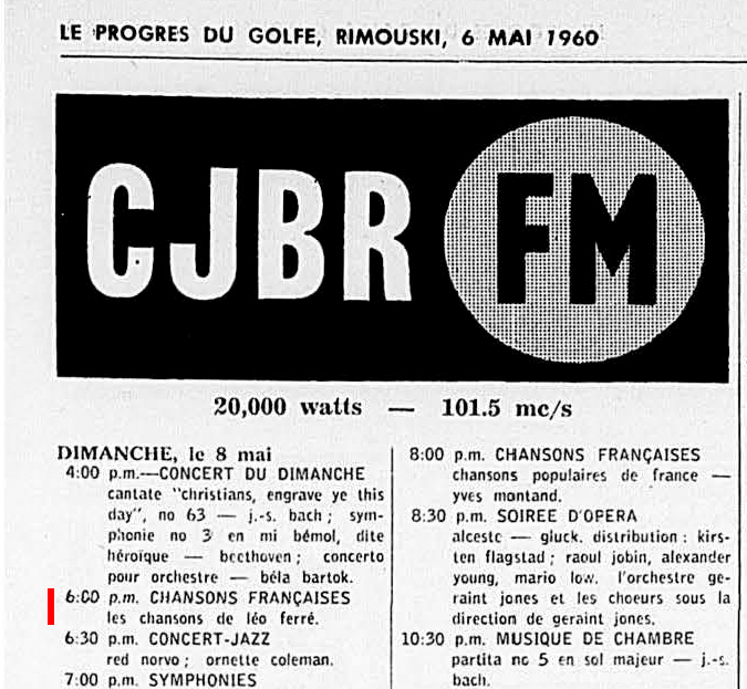 Léo Ferré - Le Progrès du Golfe (Rimouski), vendredi 6 mai 1960