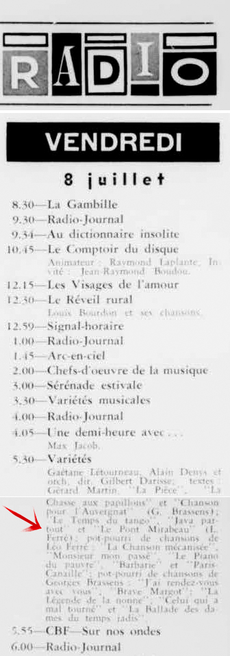 Léo Ferré - La semaine à Radio-Canada, 1950-1966, samedi 2 juillet 1960