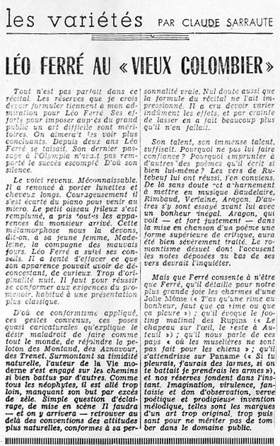 Léo Ferré, Le Monde du 31 janvier 1961
