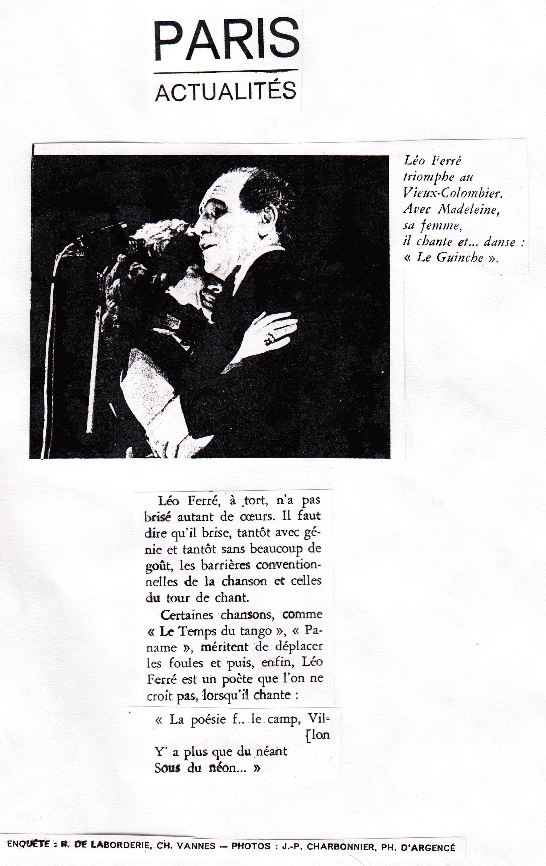 Léo Ferré, Jours de France du 11/02/1961