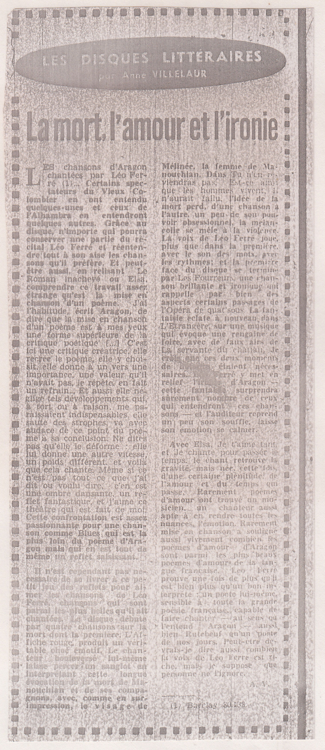 Léo Ferré, Les Lettres Françaises du 09 au 15/03/1961