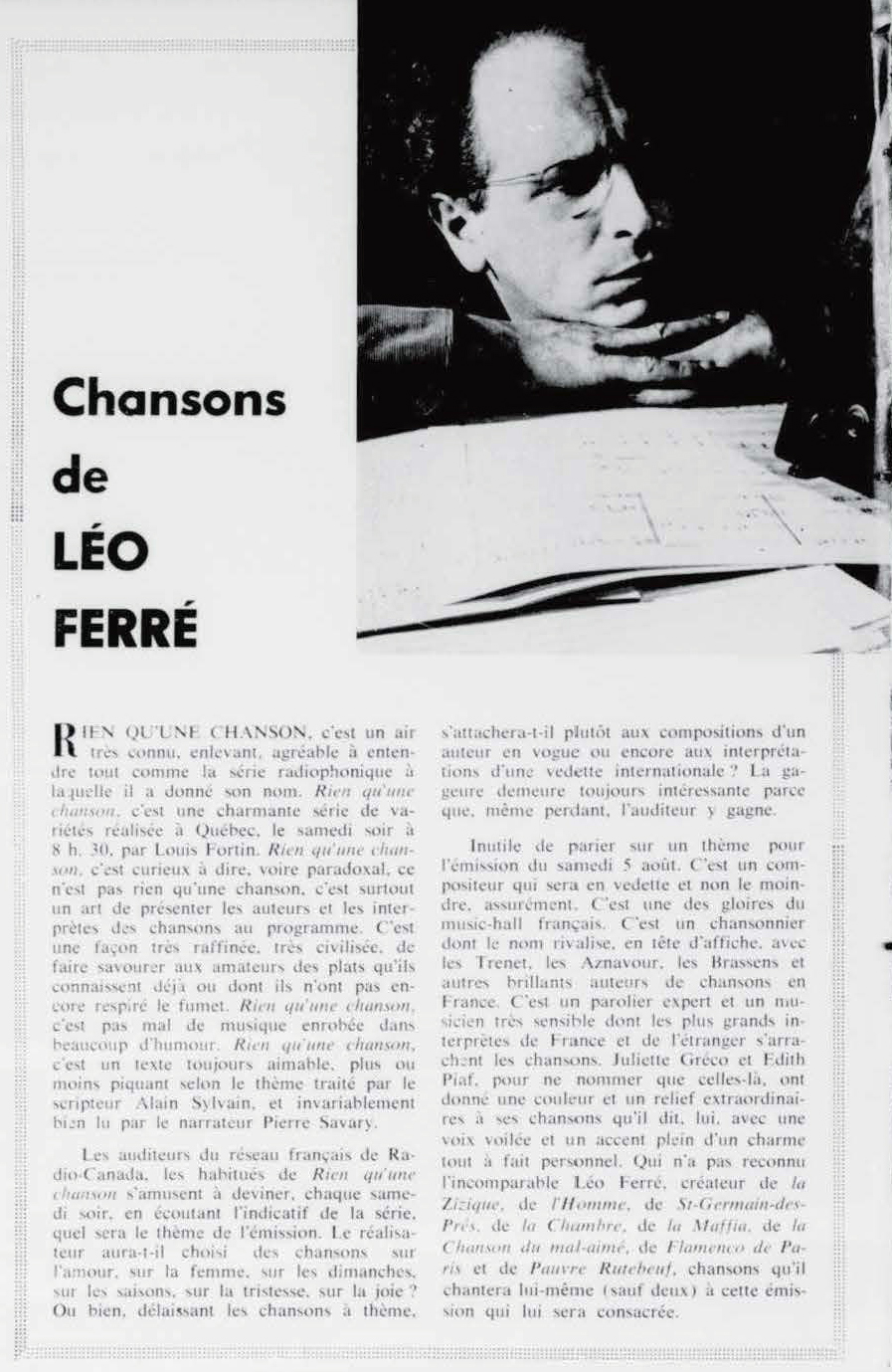 Léo Ferré - La semaine à Radio-Canada, 1950-1966, samedi 5 août 1961