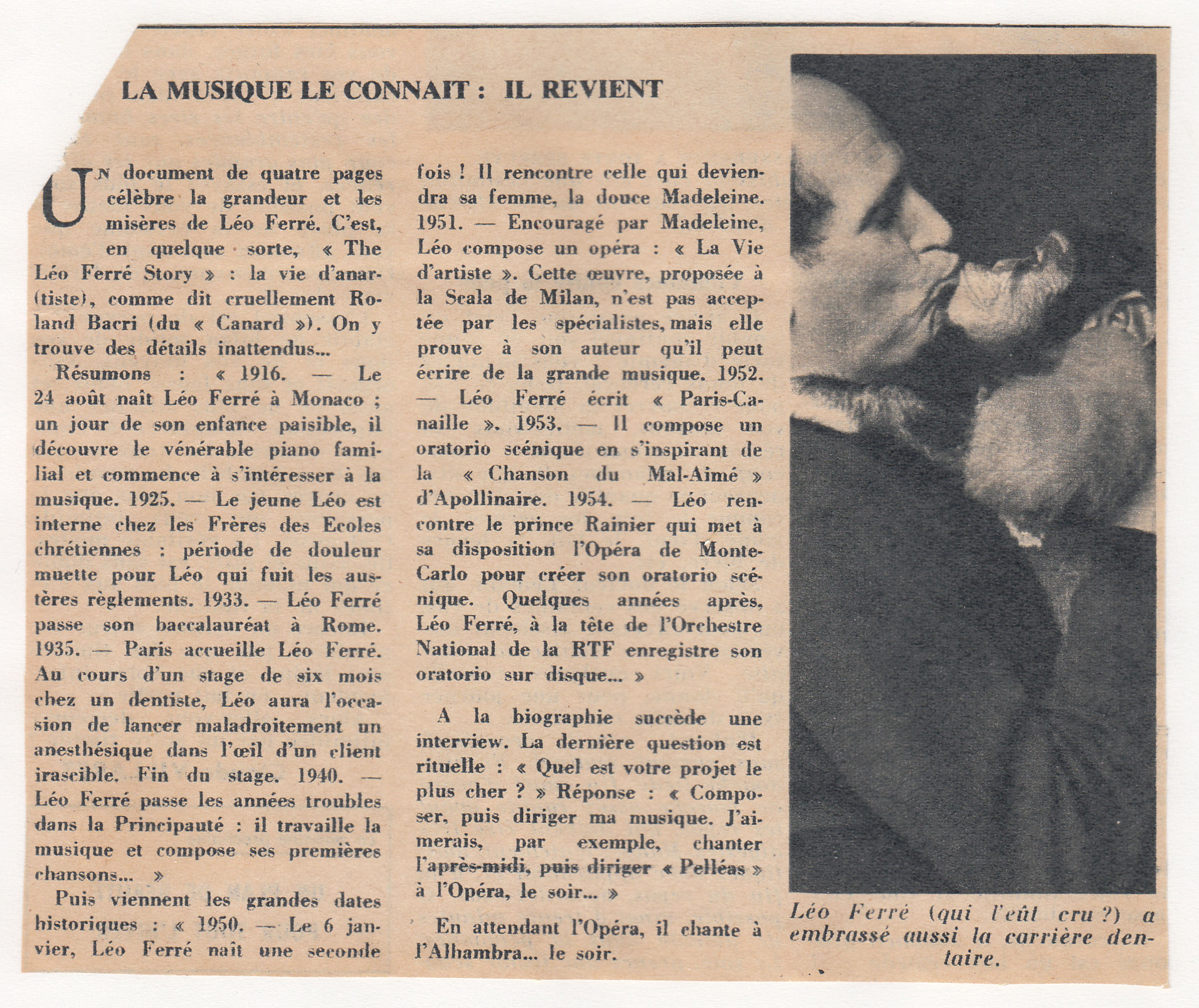 Léo Ferré - Les Lettres Françaises du 2 au 8 novembre 1961
