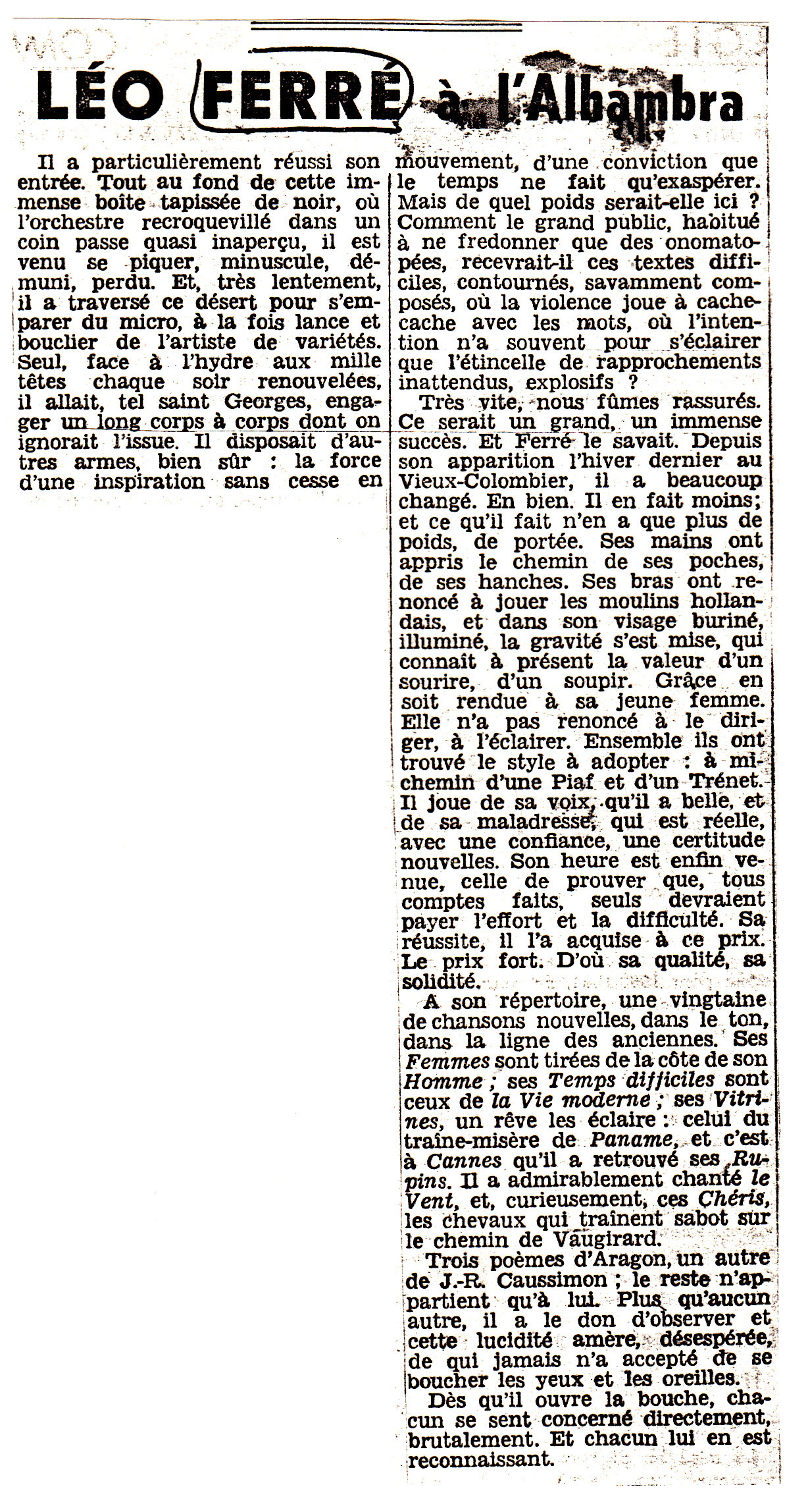 Léo Ferré - Le Monde du 9 novembre 1961