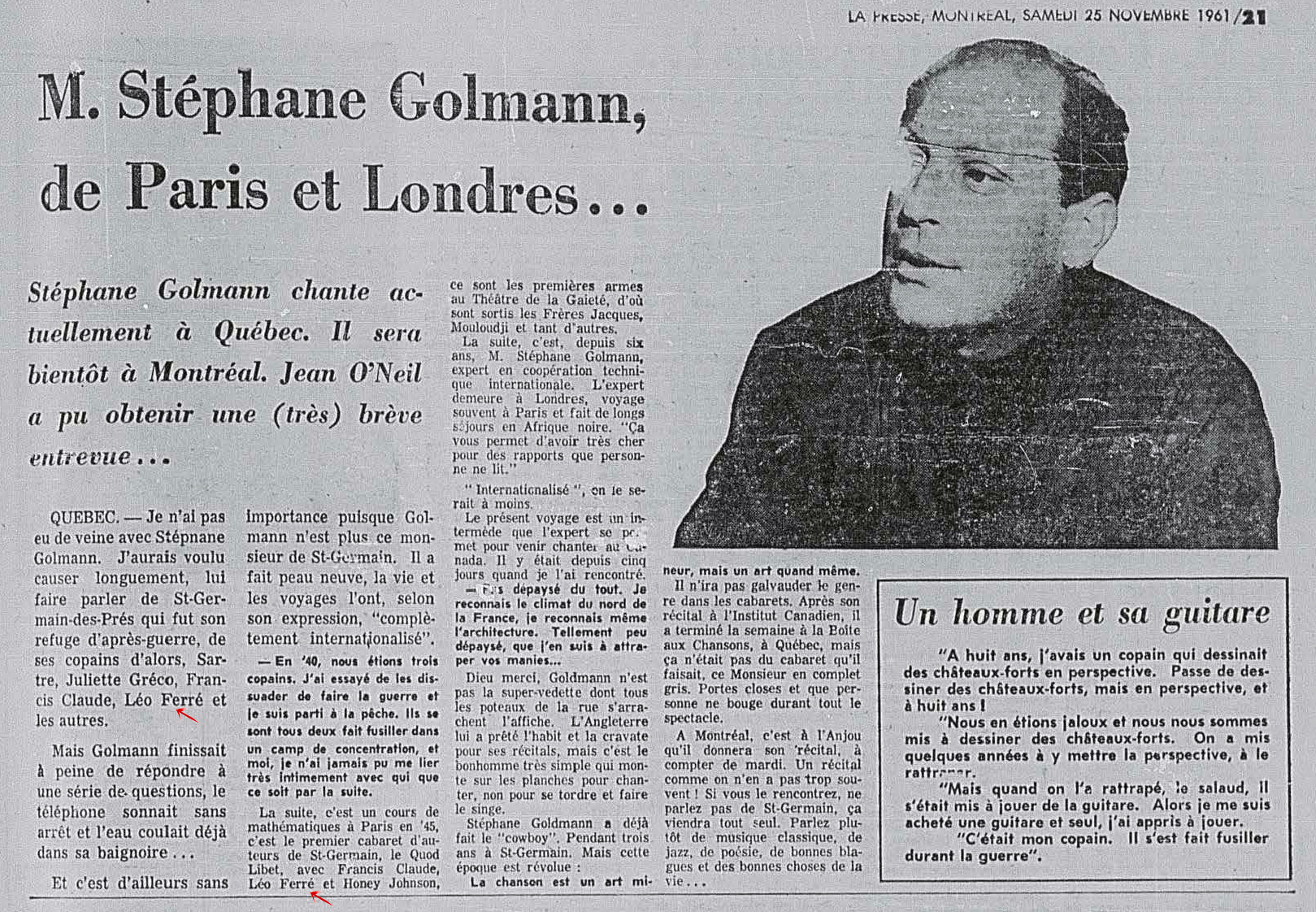 Léo Ferré - La presse 25/11/1961