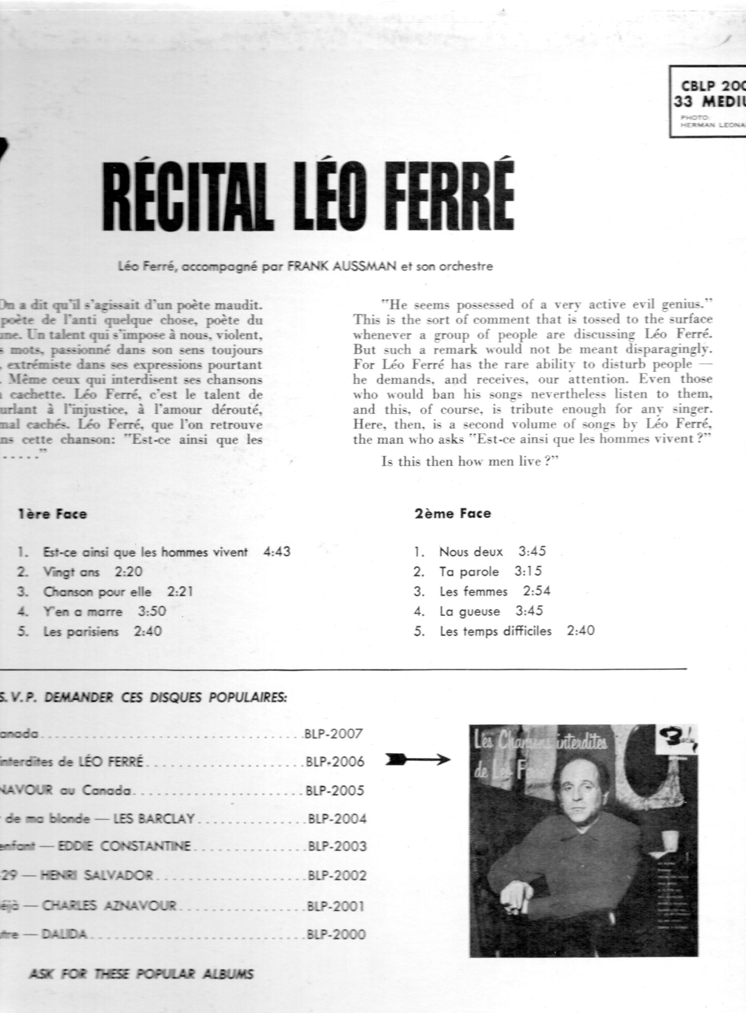  Récital Léo Ferré - Pressage canadien, Barclay CBLP 2808