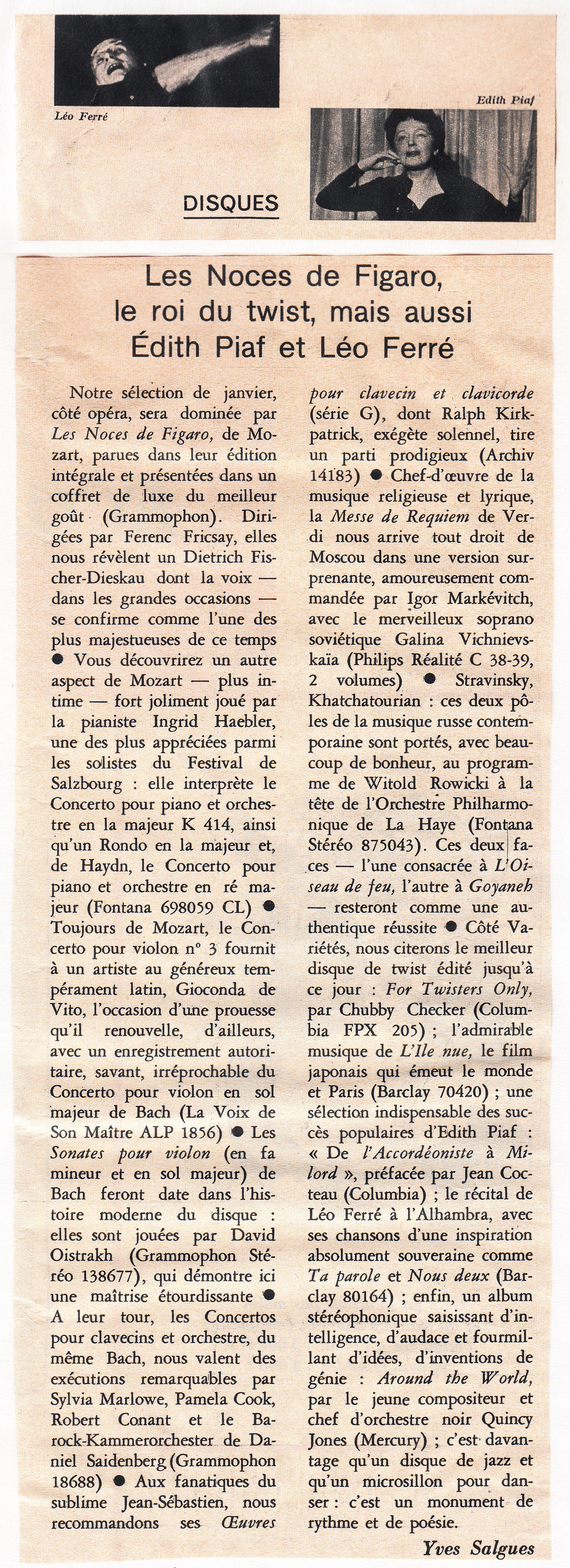 Léo Ferré - Jours de France du 13 janvier 1962