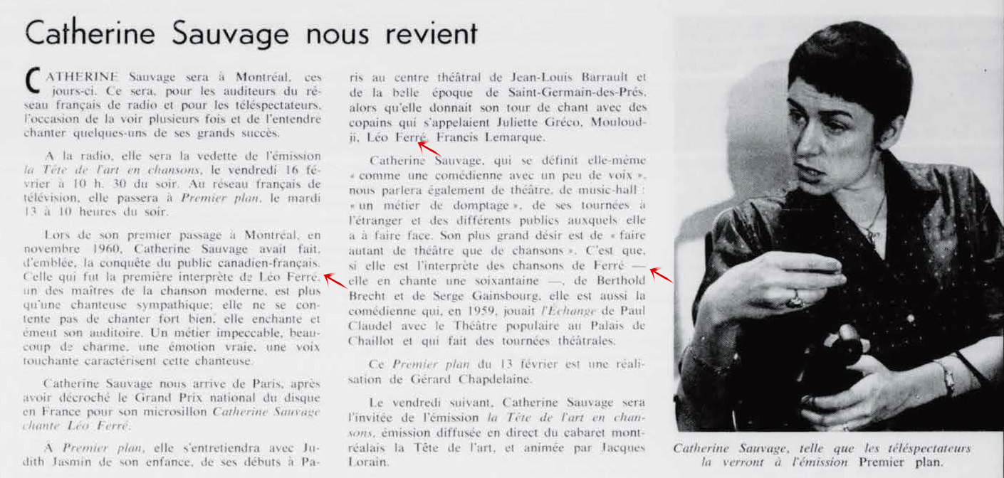 Léo Ferré - La semaine à Radio-Canada, 1950-1966, samedi 10 février 1962