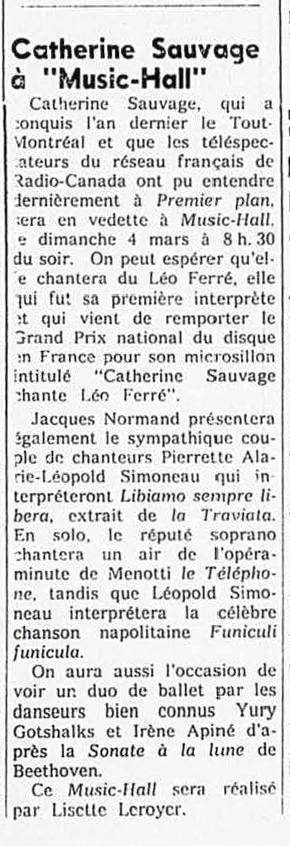 Léo Ferré - Le Progrès du Golfe (Rimouski), 1904-1970, 2 mars 1962, CJBR - AM - FM - télévision
