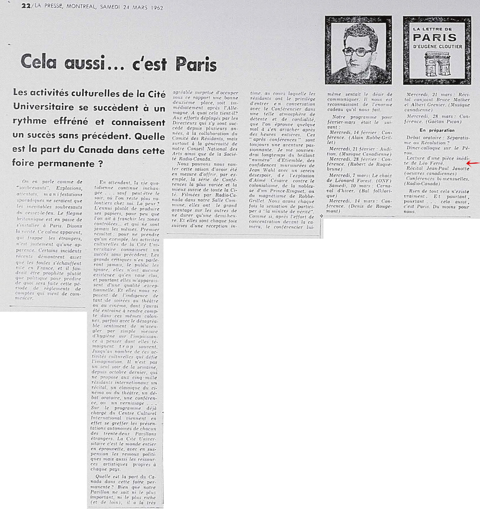 Léo Ferré - La presse, 1884- (Montréal), 24 mars 1962, Supplément 2