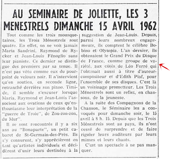 Léo Ferré - L'Action populaire, 1913-1970 (Joliette), mercredi 11 avril 1962