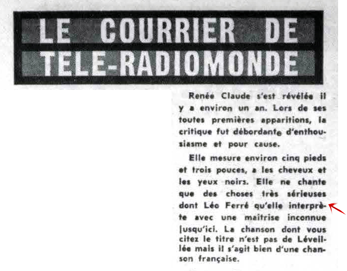 Léo Ferré - Télé-radiomonde, 1962-1985, samedi 29 septembre 1962