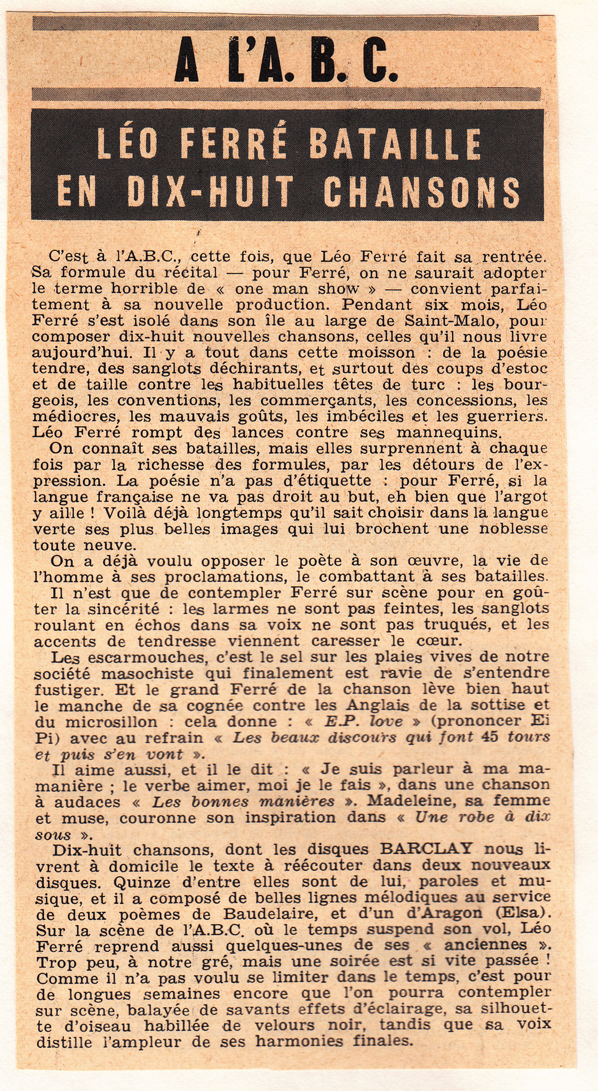 Léo Ferré - La discographie française du 01/12/1962