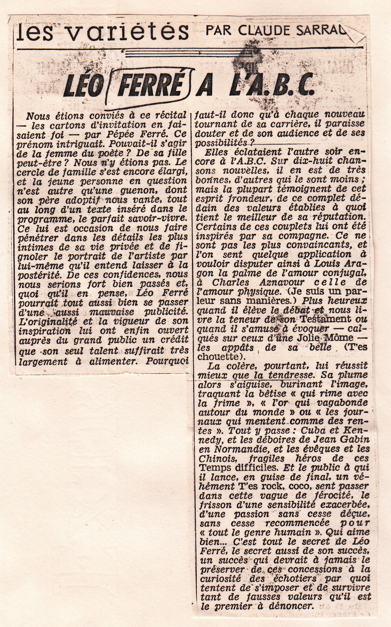 Léo Ferré - Le Monde du 8 décembre 1962