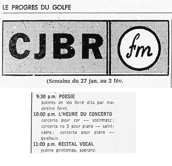 Léo Ferré - Le Progrès du Golfe (Rimouski), 1904-1970, 25 janvier 1963, CJBR - AM - FM - télévision