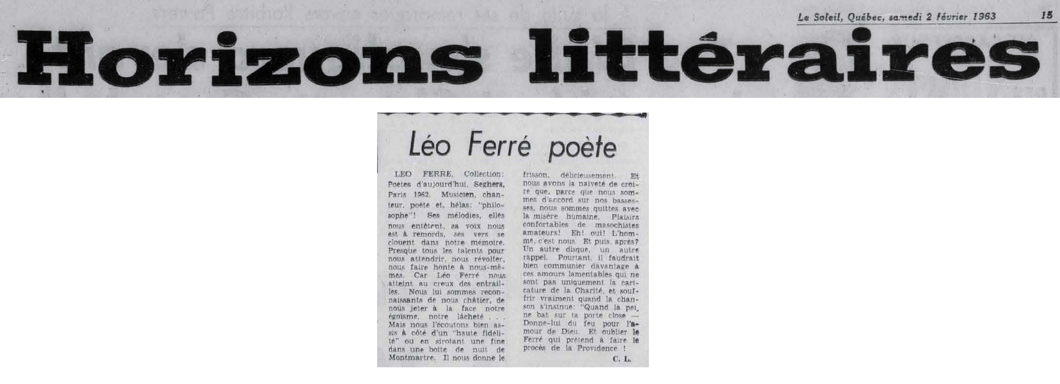 Léo Ferré - Le soleil, 1896- (Québec), samedi 2 février 1963
