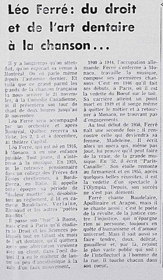 Léo Ferré - La presse, 1884- (Montréal), 9 novembre 1963, Supplément 1