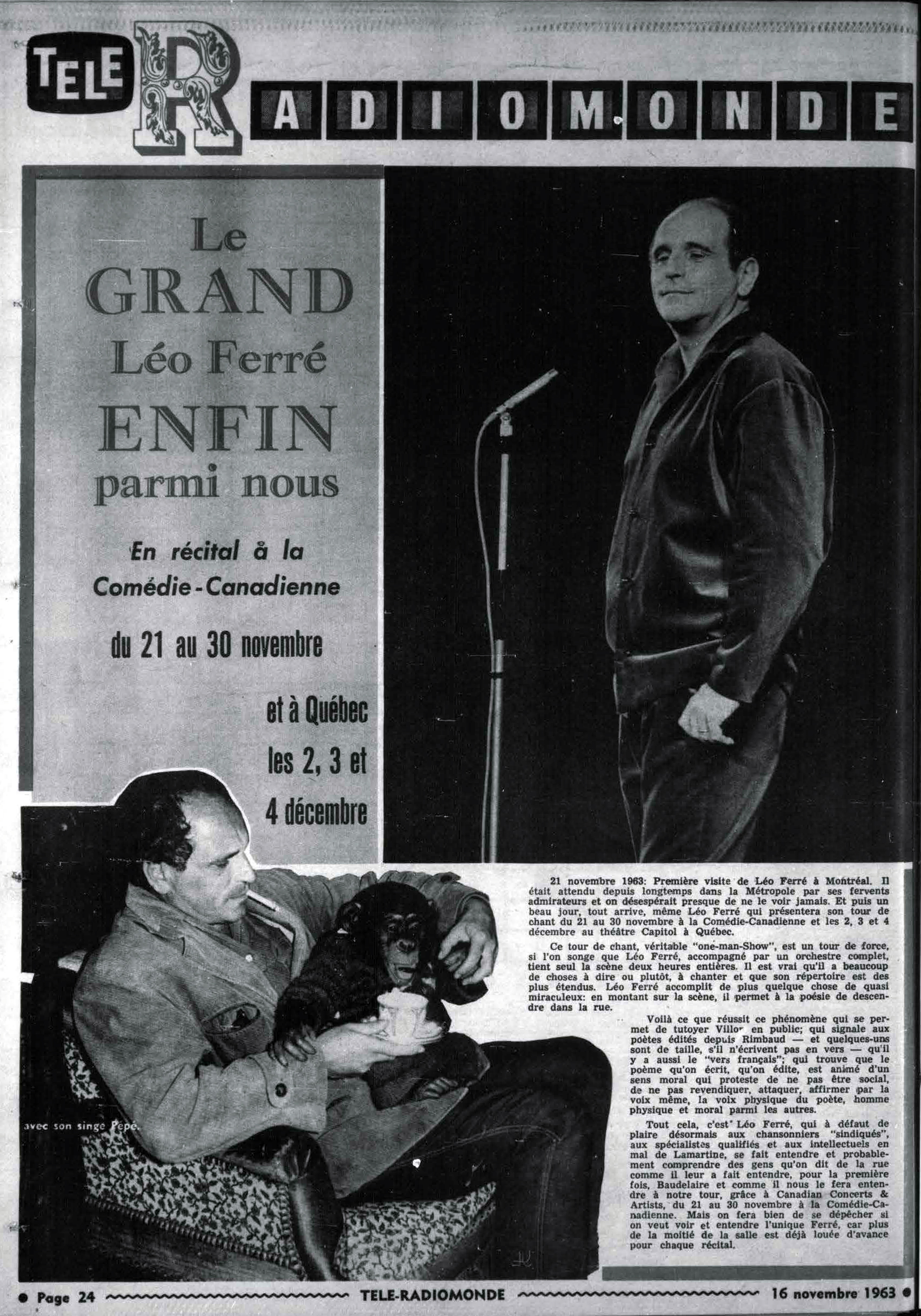 Léo Ferré - Télé-radiomonde, 1962-1985, samedi 16 novembre 1963
