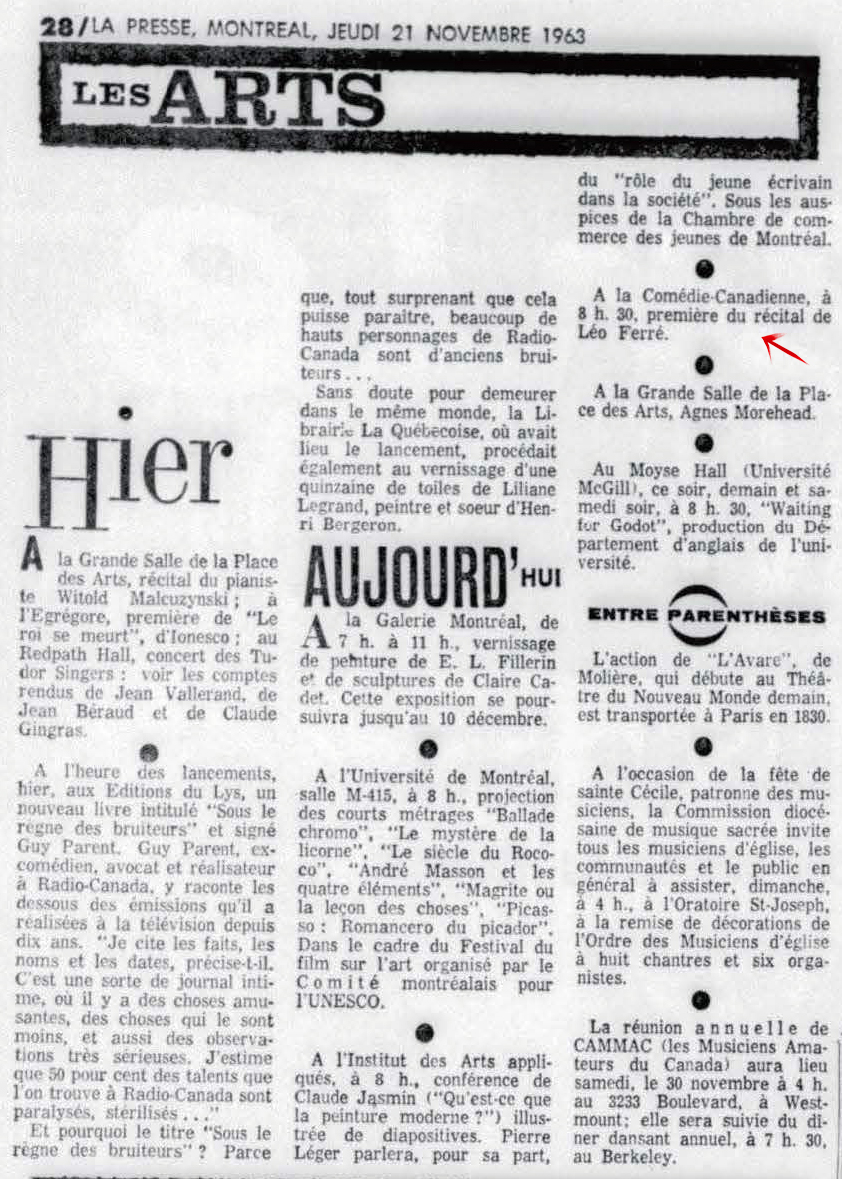 Léo Ferré - La presse, 1884- (Montréal), jeudi 21 novembre 1963 & Page(s) corrigée(s)