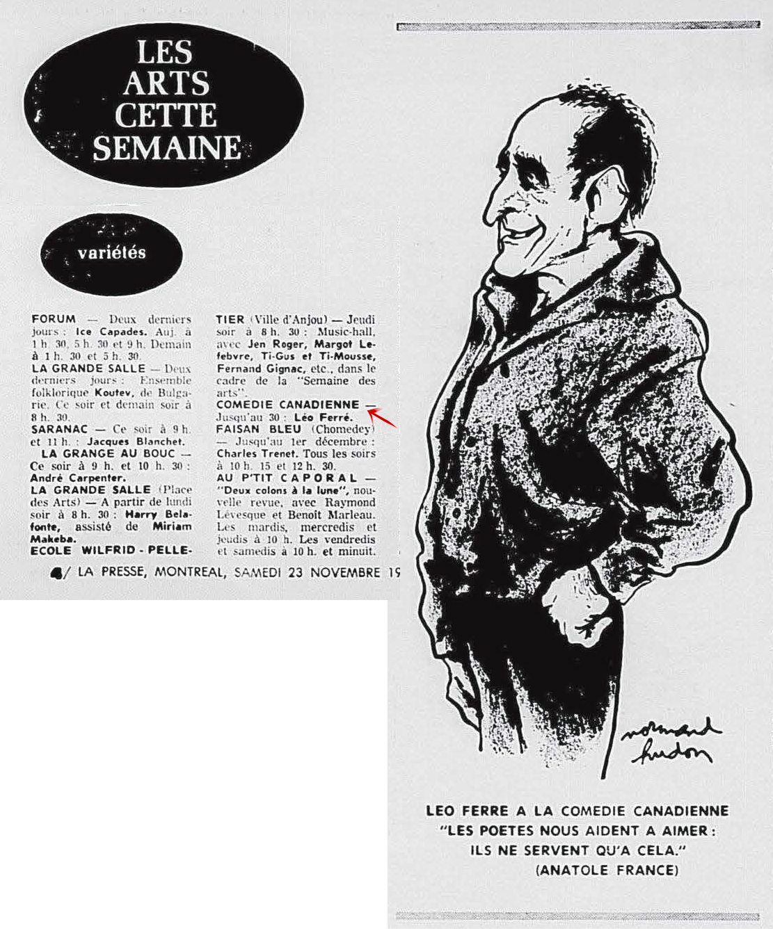 Léo Ferré - La presse, 1884- (Montréal), 23 novembre 1963, Supplément 1