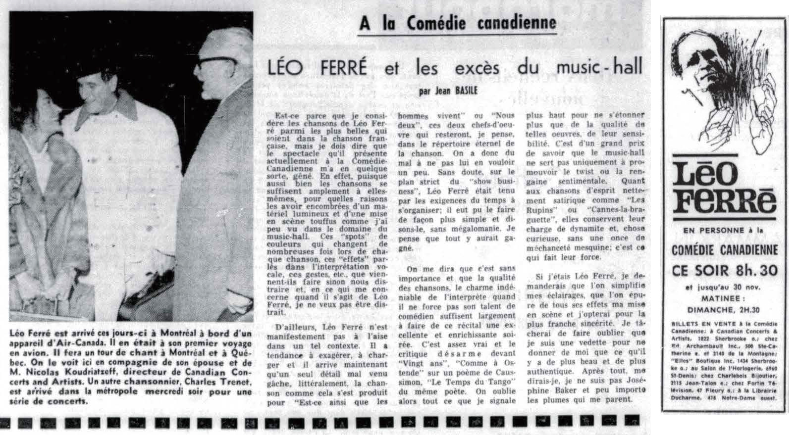 Léo Ferré - Le devoir, 1910- (Montréal), samedi 23 novembre 1963