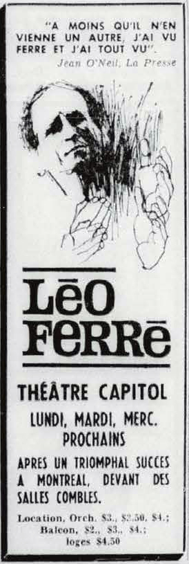 Léo Ferré - Le soleil, 1896- (Québec), samedi 30 novembre 1963