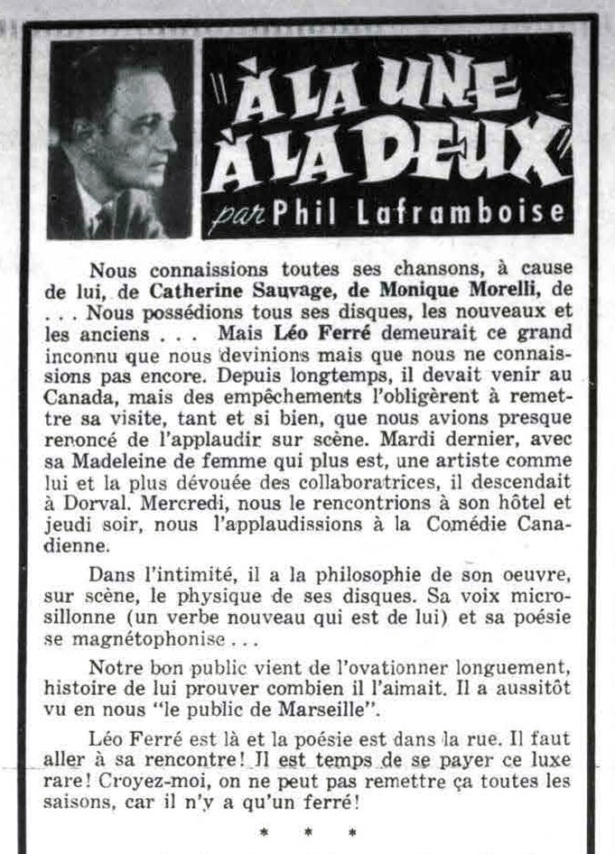 Léo Ferré - Télé-radiomonde, 1962-1985, samedi 30 novembre 1963