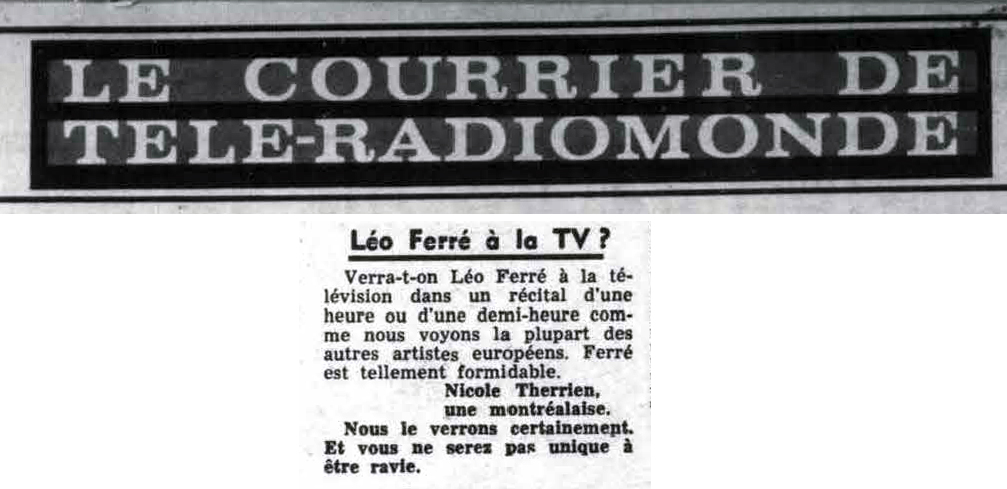 Léo Ferré - Télé-radiomonde, 1962-1985, samedi 7 décembre 1963