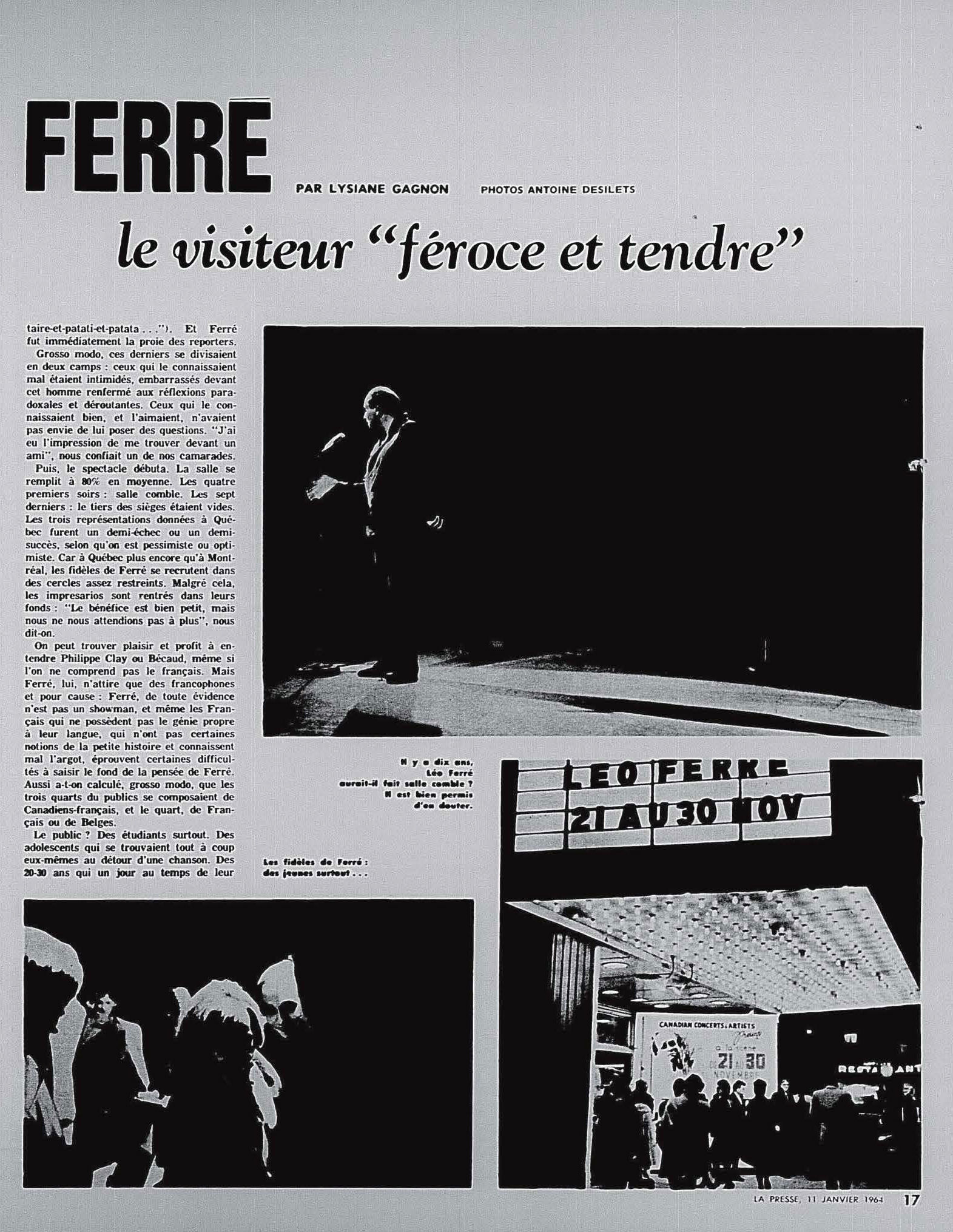 Léo Ferré - La presse, 1884- (Montréal), 11 janvier 1964, Le magazine de la Presse