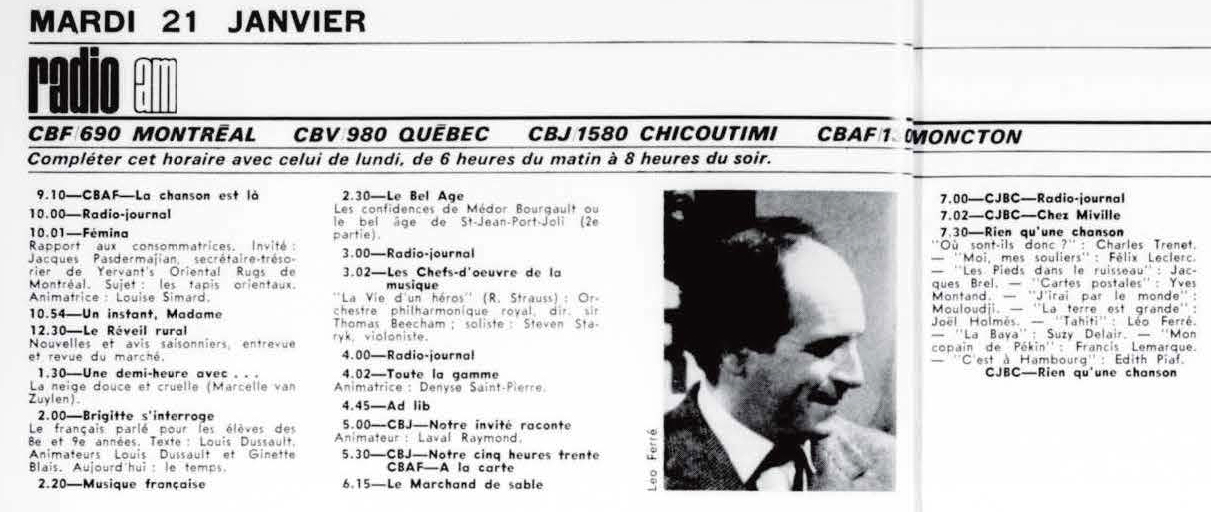 Léo Ferré - La semaine à Radio-Canada, 1950-1966, samedi 18 janvier 1964