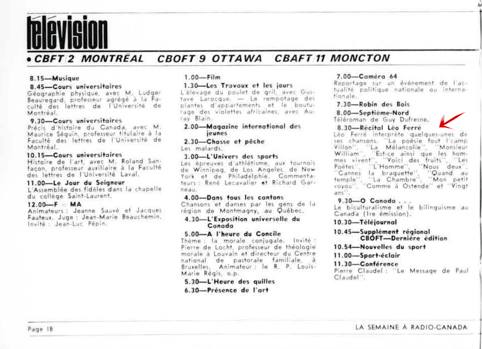 Léo Ferré - La semaine à Radio-Canada, 1950-1966, samedi 29 février 1964