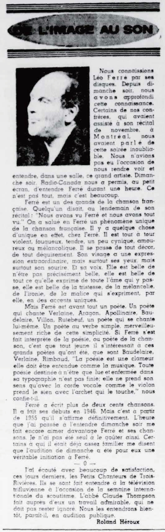 Léo Ferré - Le nouvelliste, 1920-, mardi 3 mars 1964
