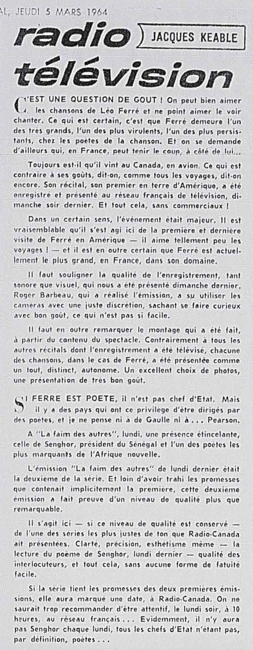 Léo Ferré - La presse, 1884- (Montréal), jeudi 5 mars 1964