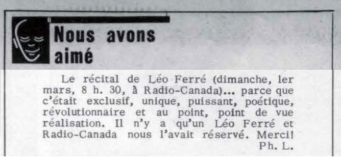 Léo Ferré - Télé-radiomonde, 1962-1985, samedi 14 mars 1964