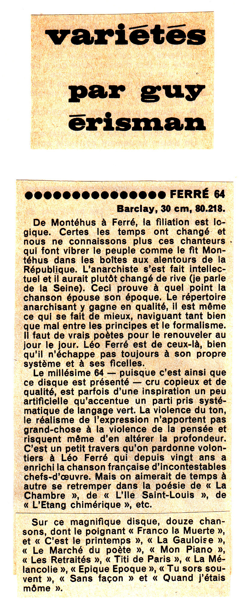 Léo Ferré - Musica-Disques de juillet-août 1964