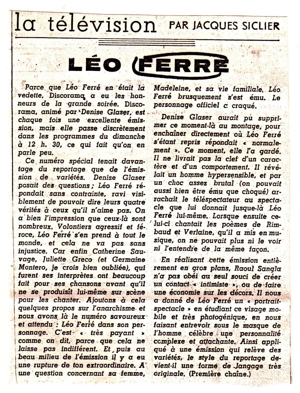 Léo Ferré - Le Monde du 17 avril 1965