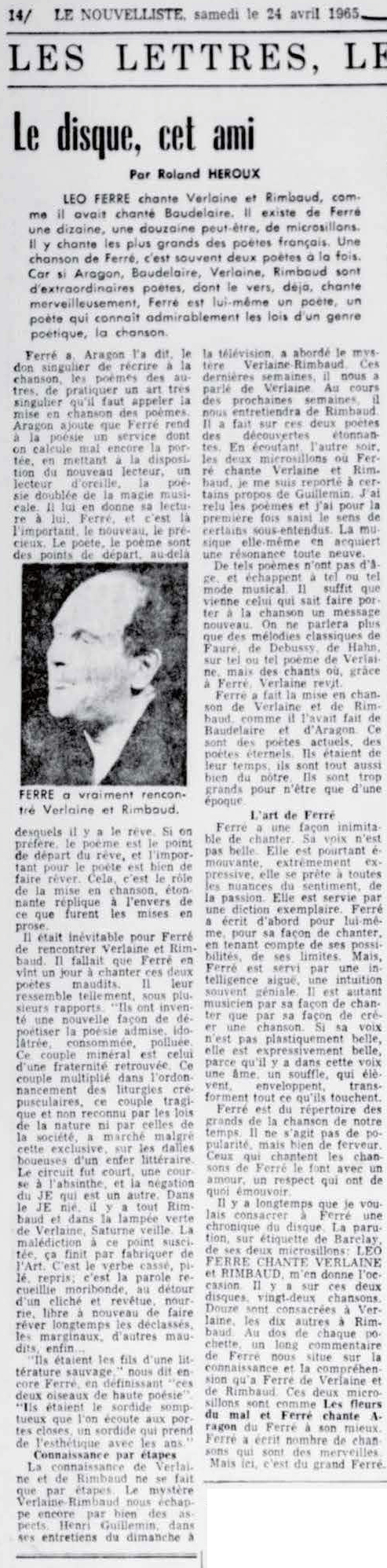 Léo Ferré - Le nouvelliste, 1920-, samedi 24 avril 1965