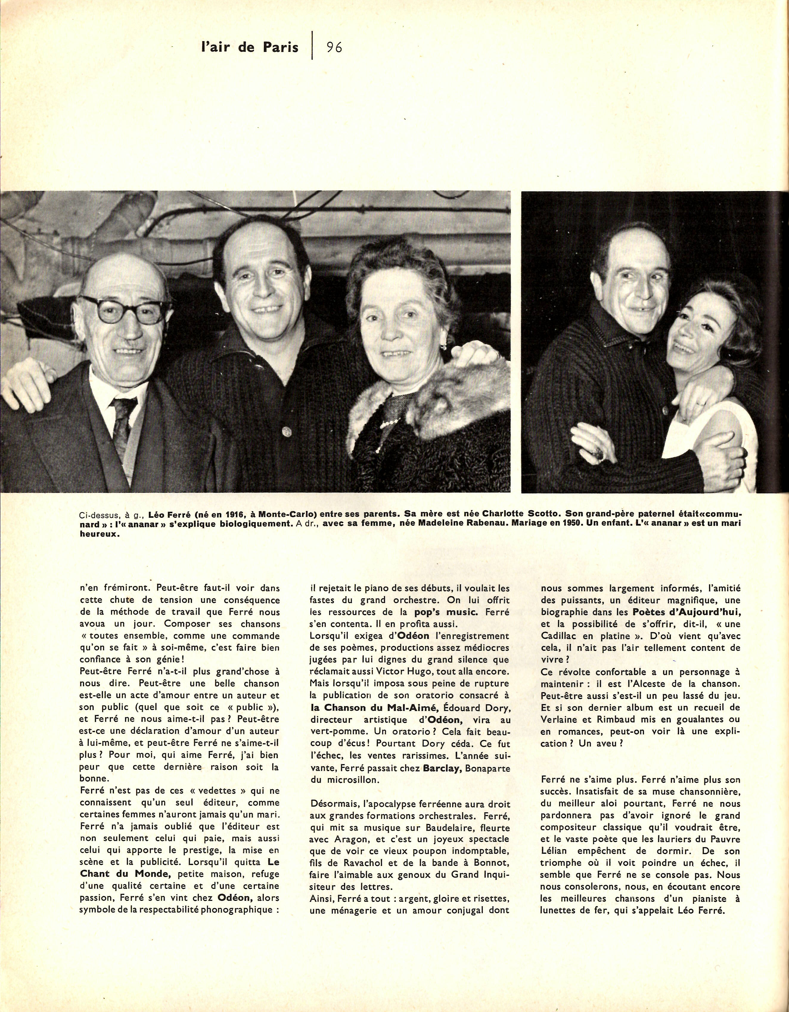 Léo Ferré - Le Spectacle du Monde, mensuel n°39 de juin 1965