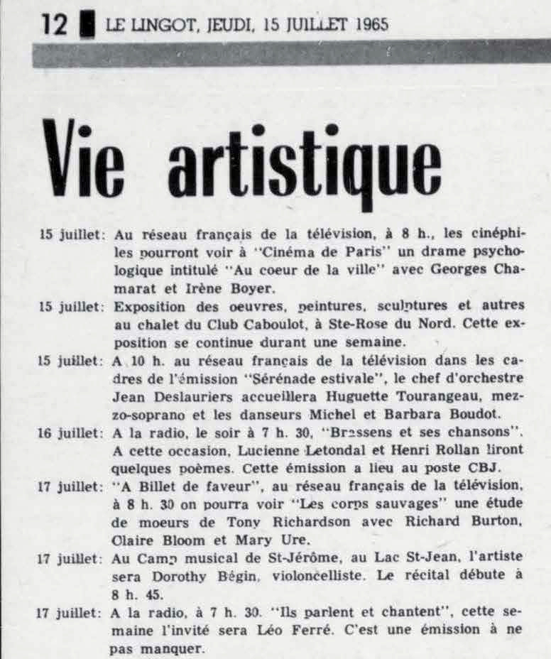 Léo Ferré - Le lingot, 1947- (Saguenay), jeudi 15 juillet 1965