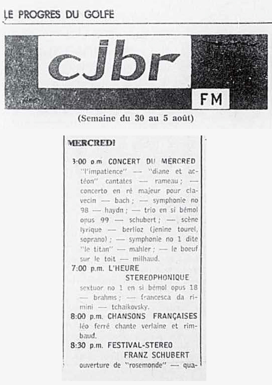 Léo Ferré - Le Progrès du Golfe (Rimouski), 1904-1970, 30 juillet 1965, CJBR - AM - FM - télévision