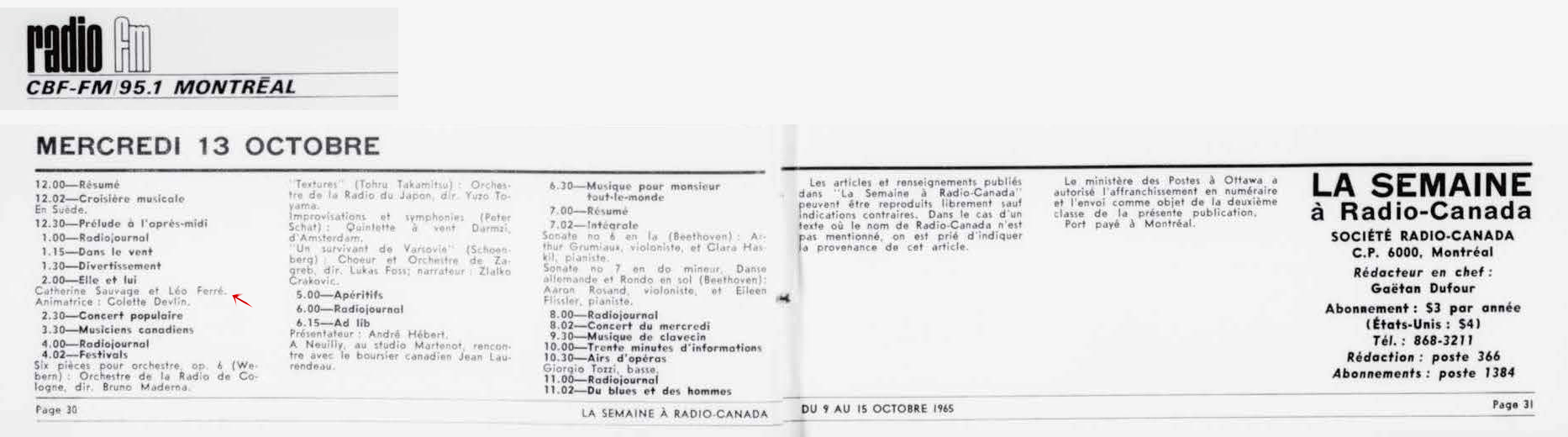 Léo Ferré - La semaine à Radio-Canada, 1950-1966, samedi 9 octobre 1965