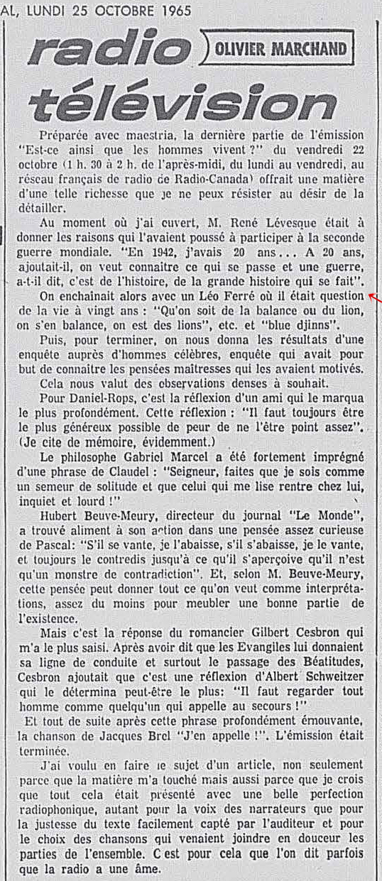 Léo Ferré - La presse, 1884- (Montréal), lundi 25 octobre 1965
