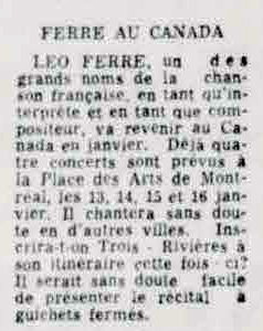Léo Ferré - Le nouvelliste, 1920-, mardi 21 décembre 1965