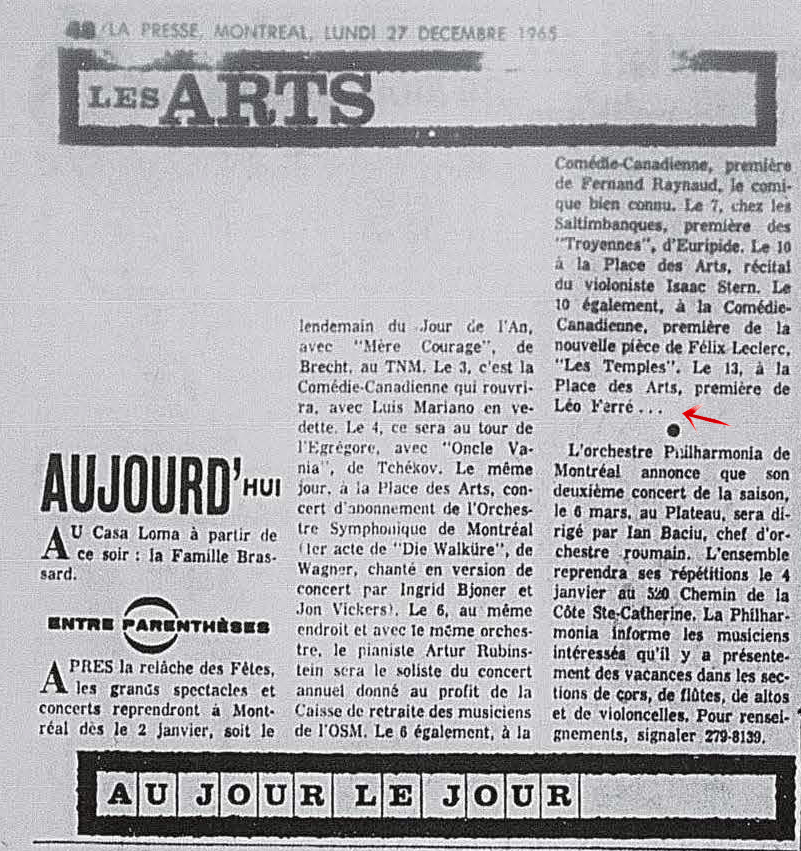 Léo Ferré - La presse, 1884- (Montréal), lundi 27 décembre 1965