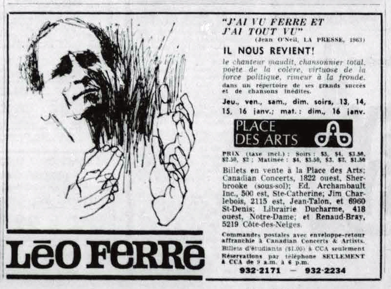 Léo Ferré - Le devoir, 1910- (Montréal), mercredi 29 décembre 1965